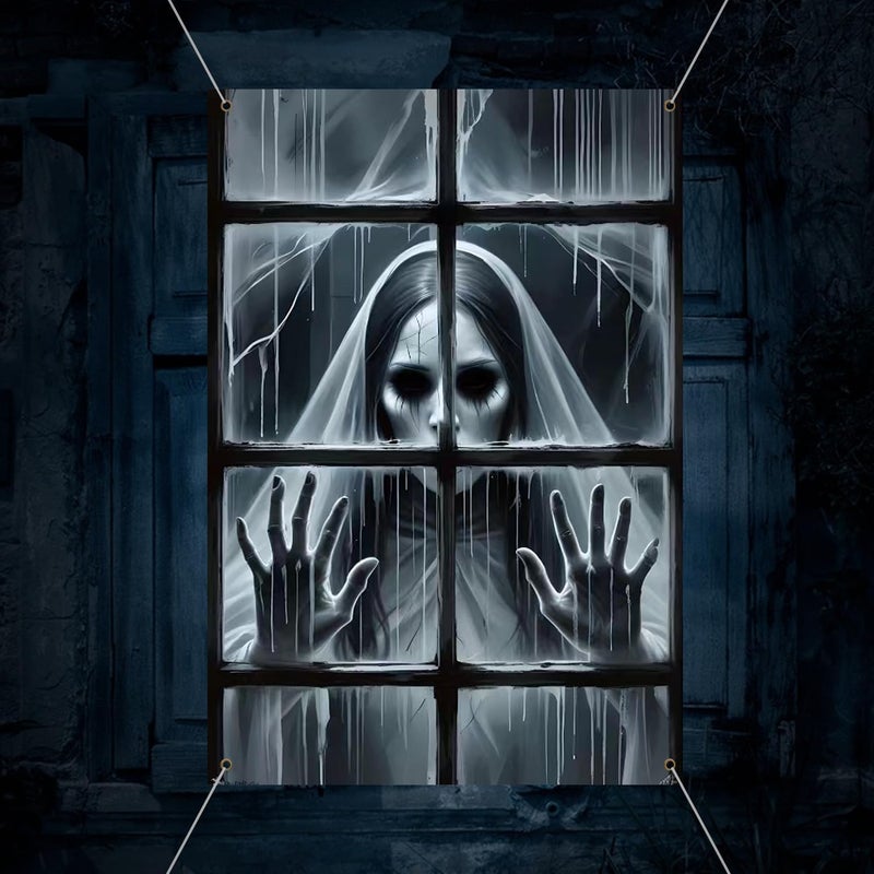 DPWCVM Ghost Halloween Decor - White Eyes Window Silhouette Curtains for Door, Wall - Scary Indoor/Outdoor Decor (Horror Nun) - Image 1